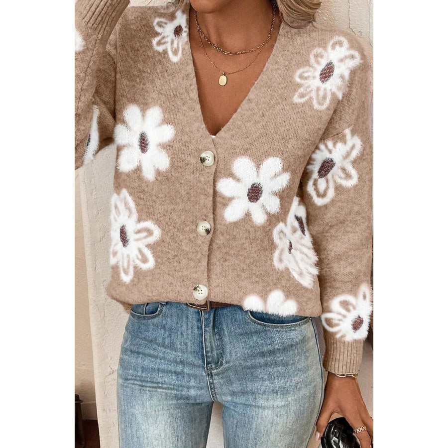 Flower Button Up Long Sleeve Cardigan Tan / S Apparel and Accessories