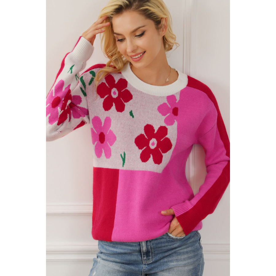 Flower Color Block Round Neck Sweater Apparel and Accessories