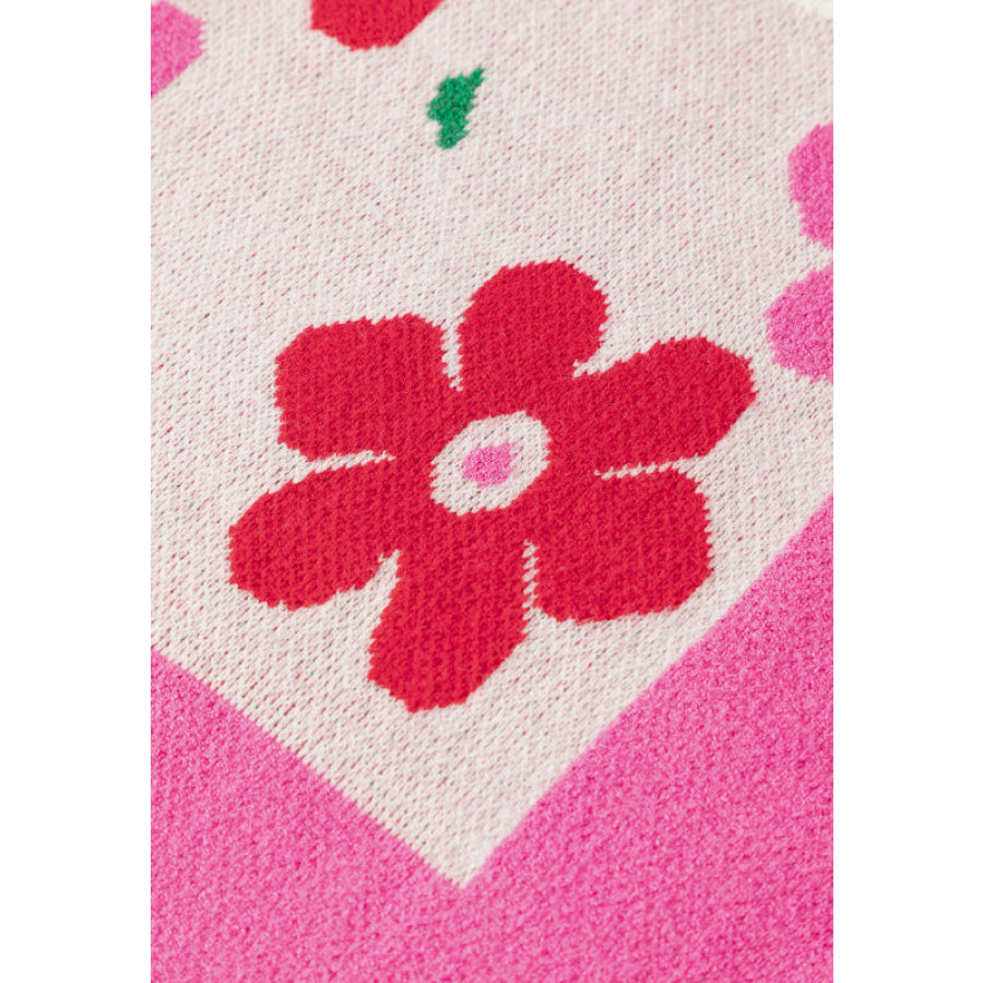 Flower Color Block Round Neck Sweater Apparel and Accessories