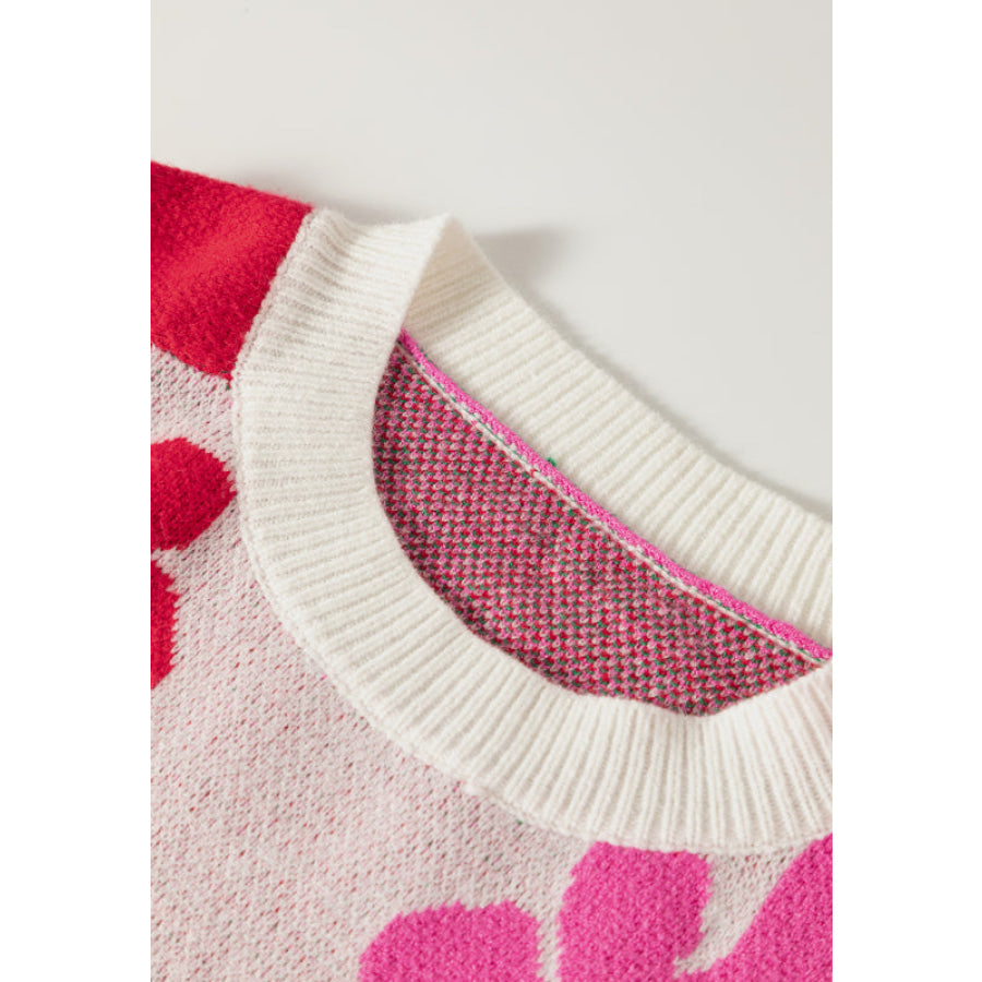 Flower Color Block Round Neck Sweater Apparel and Accessories