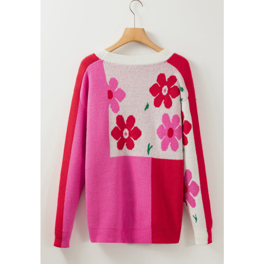Flower Color Block Round Neck Sweater Apparel and Accessories