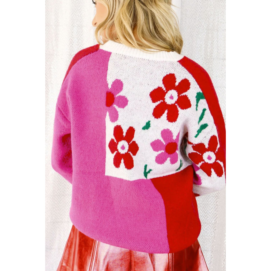 Flower Color Block Round Neck Sweater Apparel and Accessories