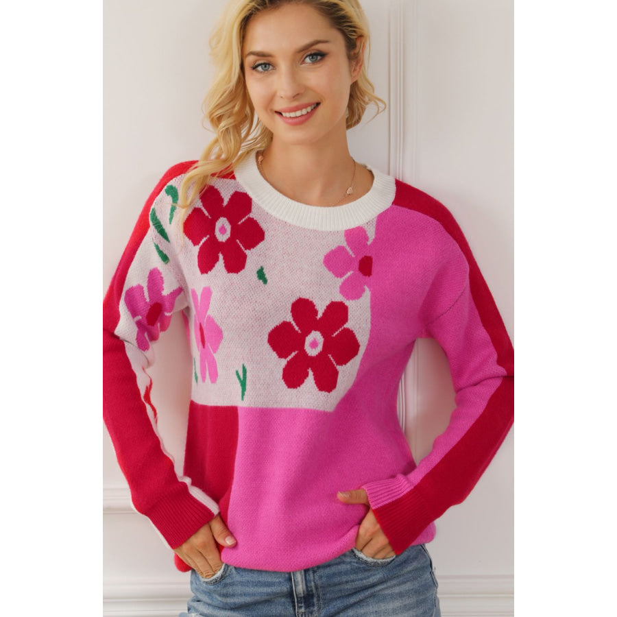Flower Color Block Round Neck Sweater Hot Pink / S Apparel and Accessories