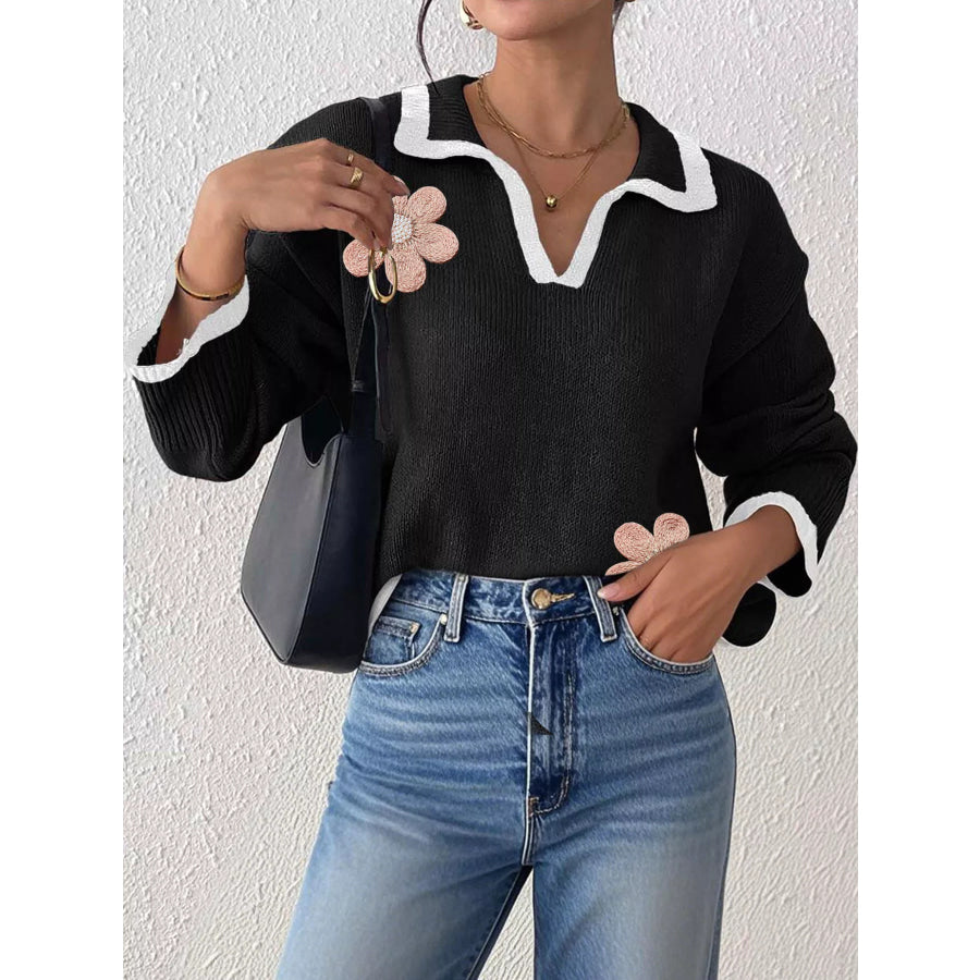 Flower Contrast Trim Dropped Shoulder Sweater Apparel and Accessories