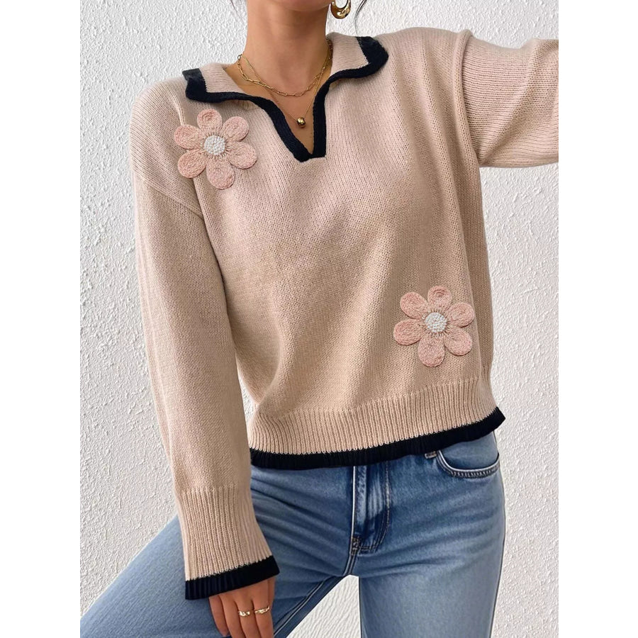 Flower Contrast Trim Dropped Shoulder Sweater Apparel and Accessories