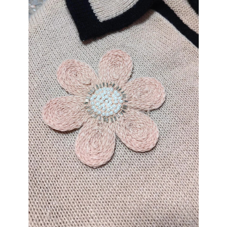 Flower Contrast Trim Dropped Shoulder Sweater Apparel and Accessories