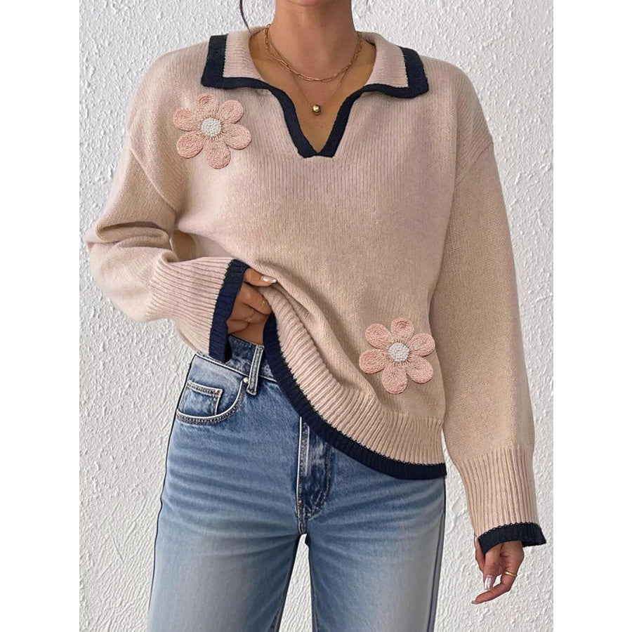 Flower Contrast Trim Dropped Shoulder Sweater Apparel and Accessories