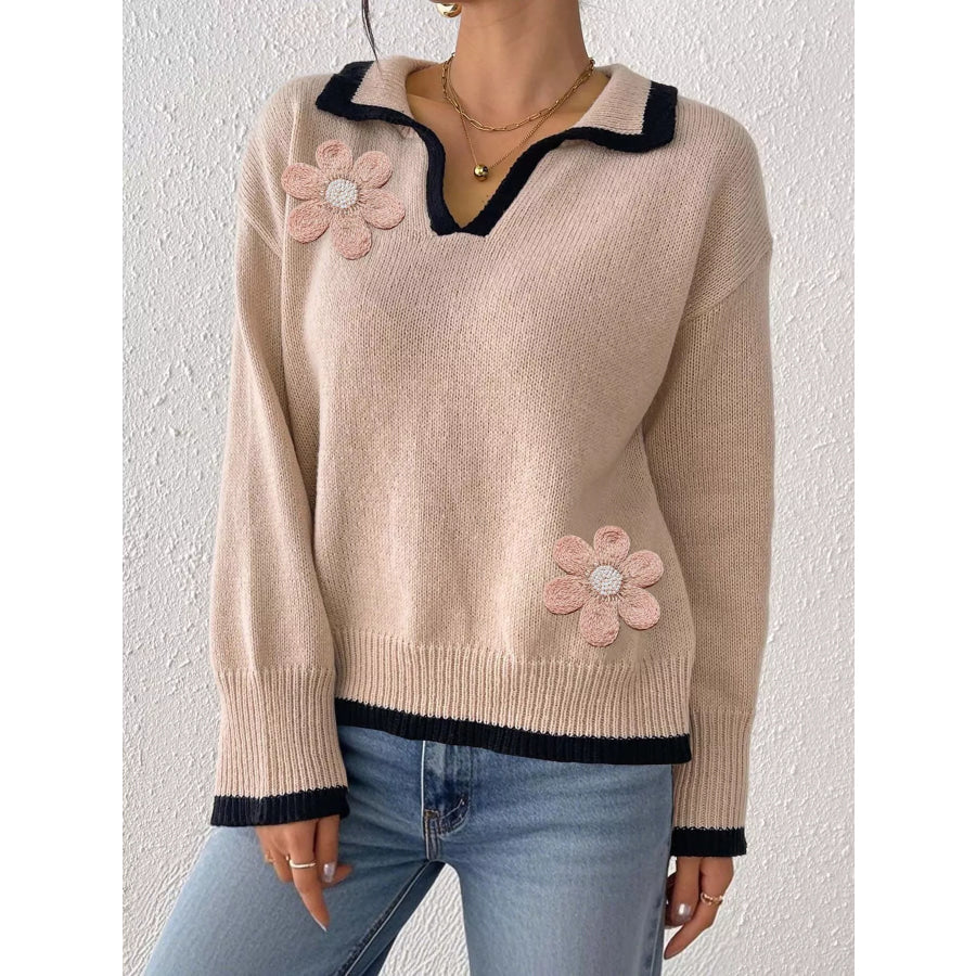 Flower Contrast Trim Dropped Shoulder Sweater Apparel and Accessories