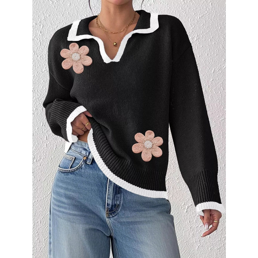 Flower Contrast Trim Dropped Shoulder Sweater Apparel and Accessories