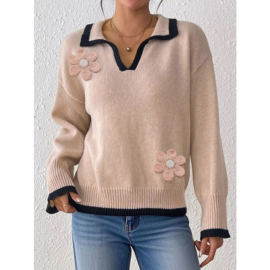 Flower Contrast Trim Dropped Shoulder Sweater Khaki / S Apparel and Accessories