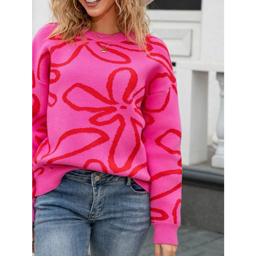 Flower Crew Neck Long Sleeve Sweater Apparel and Accessories