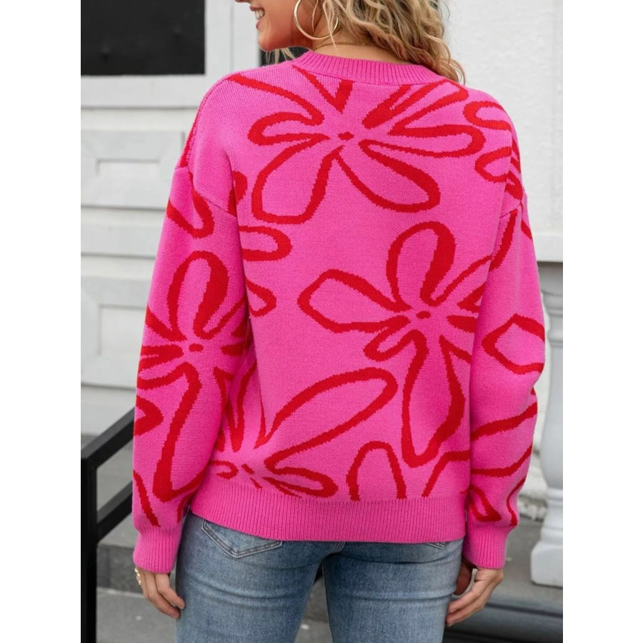Flower Crew Neck Long Sleeve Sweater Apparel and Accessories