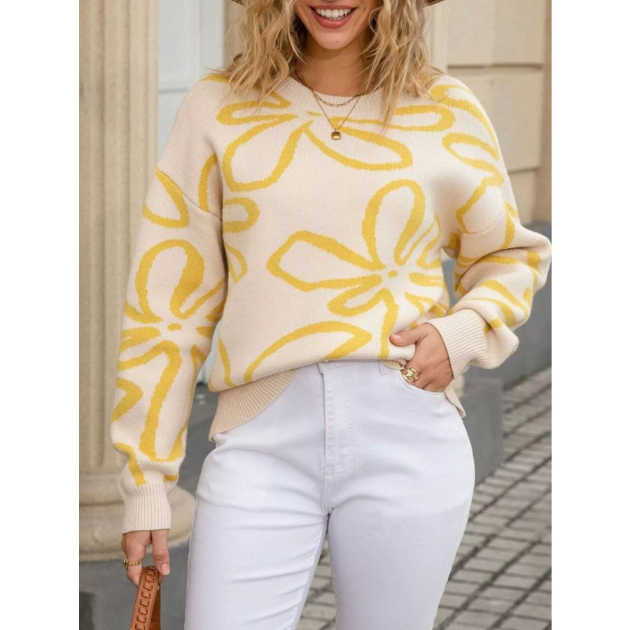 Flower Crew Neck Long Sleeve Sweater Apparel and Accessories