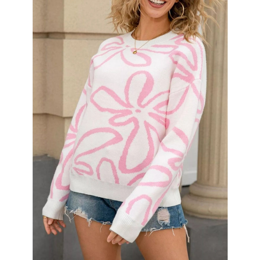 Flower Crew Neck Long Sleeve Sweater Apparel and Accessories