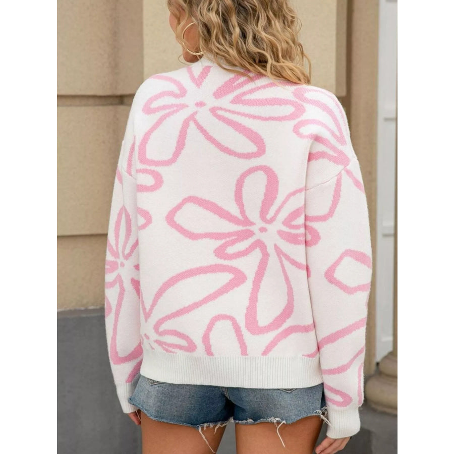 Flower Crew Neck Long Sleeve Sweater Apparel and Accessories
