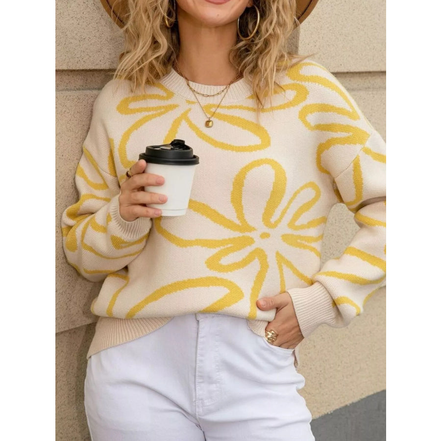 Flower Crew Neck Long Sleeve Sweater Apparel and Accessories