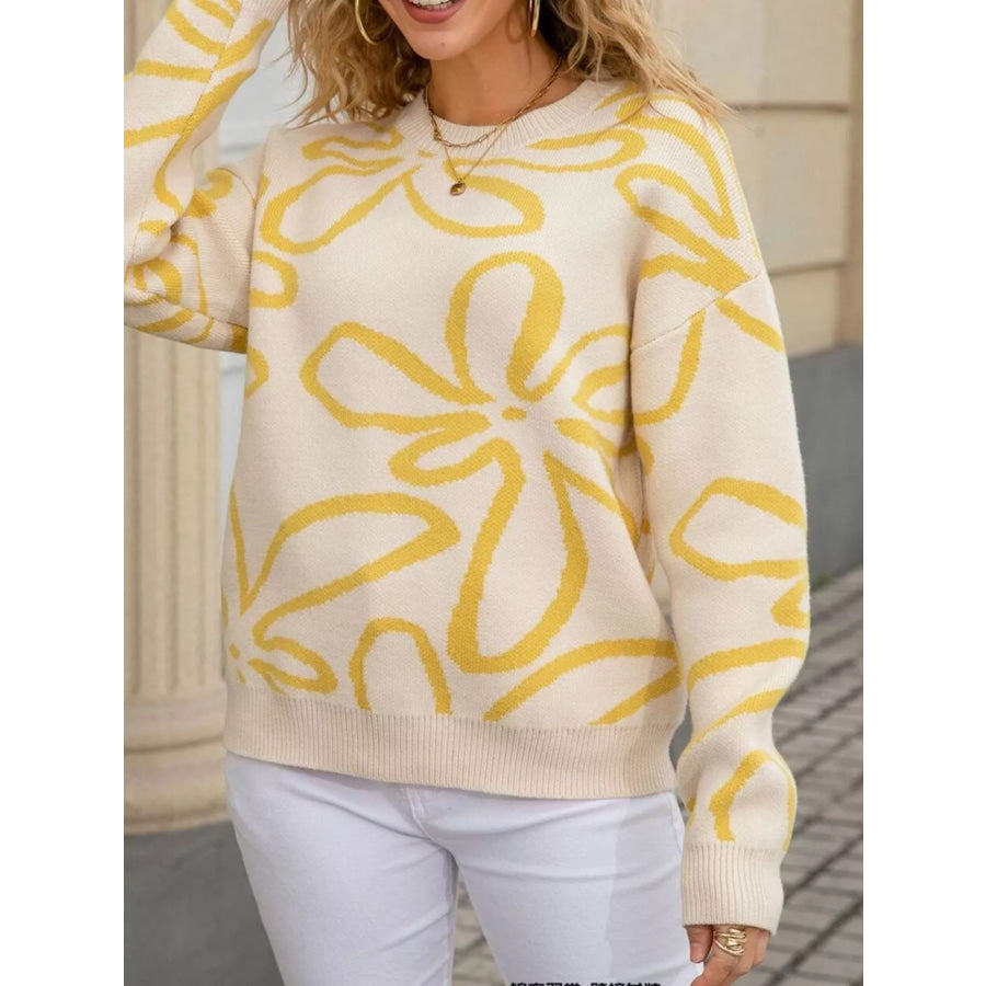 Flower Crew Neck Long Sleeve Sweater Apparel and Accessories