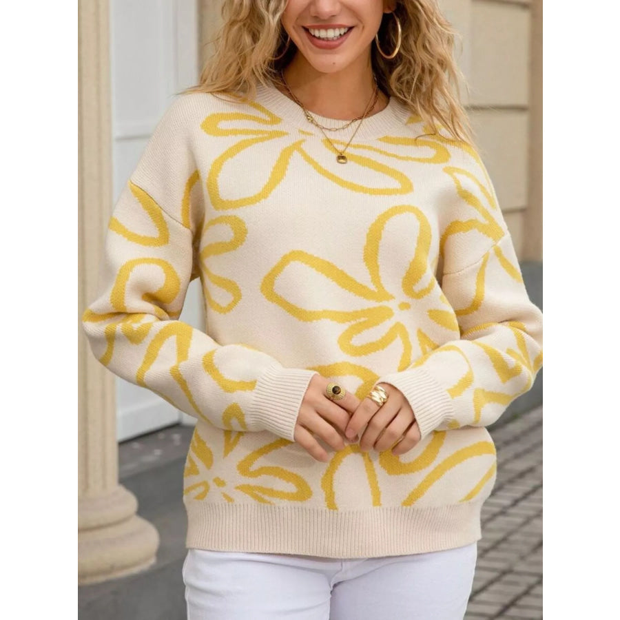 Flower Crew Neck Long Sleeve Sweater Apricot / S Apparel and Accessories