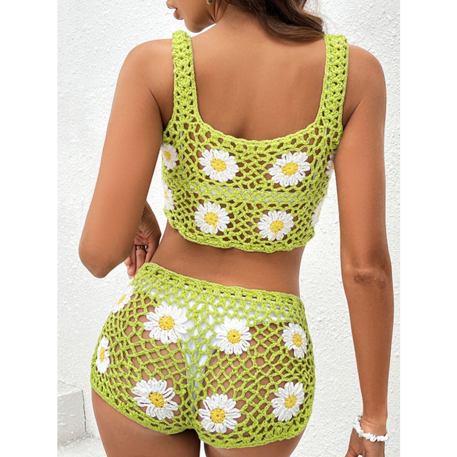 Flower Cutout Wide Strap Two - Piece Cover Up Lime / One Size Apparel and Accessories