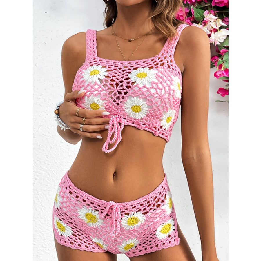 Flower Cutout Wide Strap Two - Piece Cover Up Apparel and Accessories