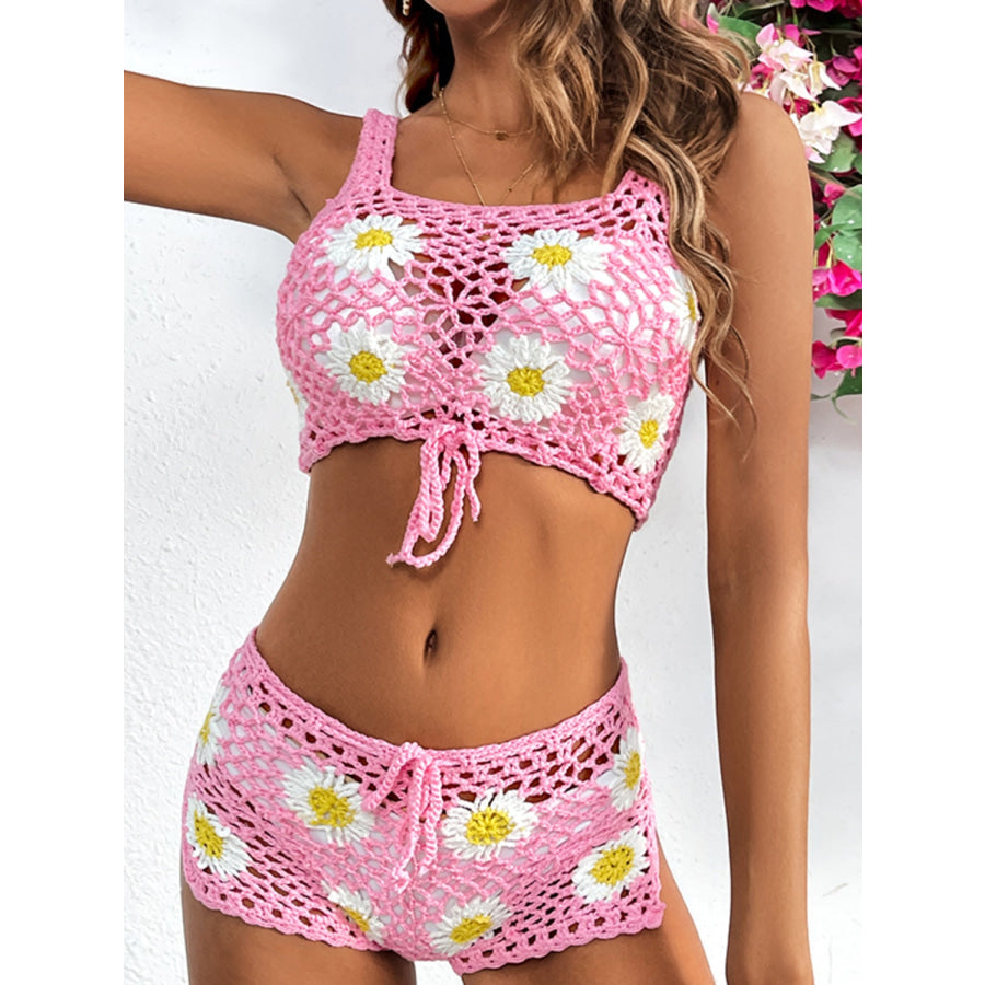 Flower Cutout Wide Strap Two - Piece Cover Up Carnation Pink / One Size Apparel and Accessories