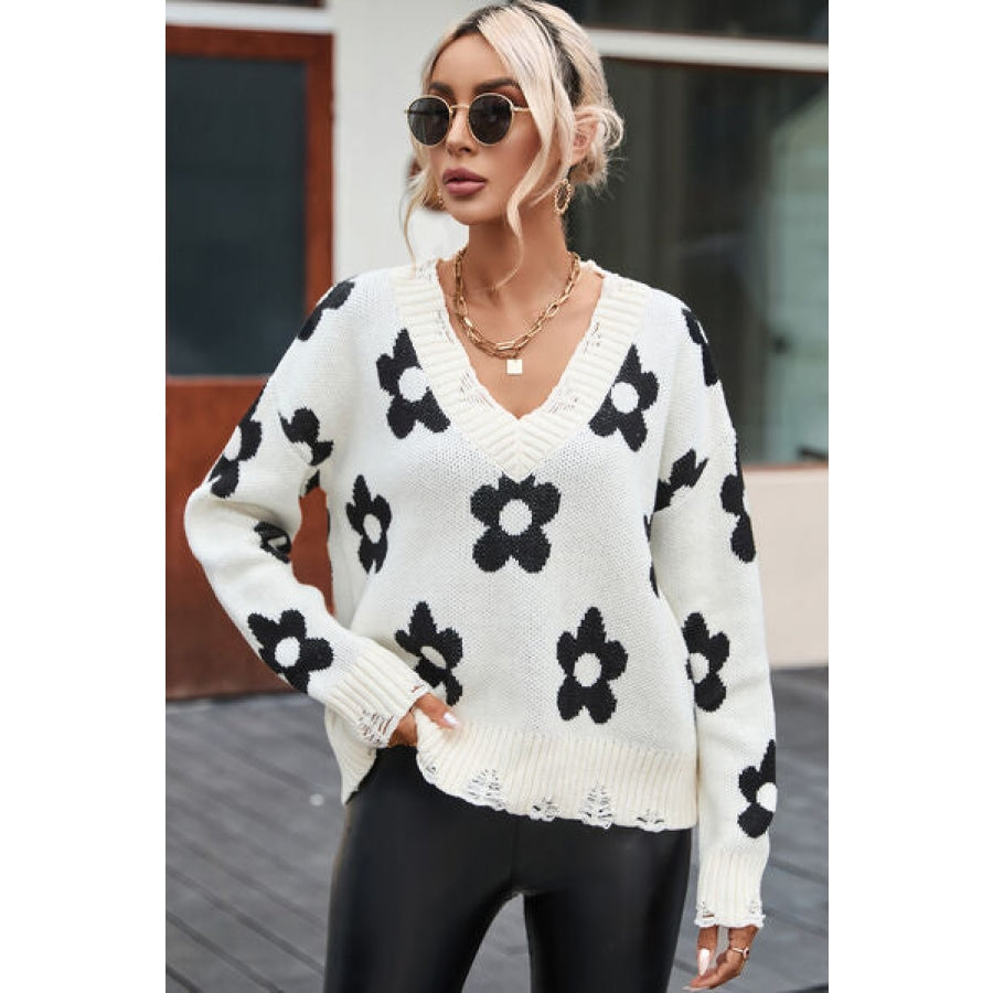 Flower Distressed V-Neck Dropped Shoulder Sweater White / S Clothing