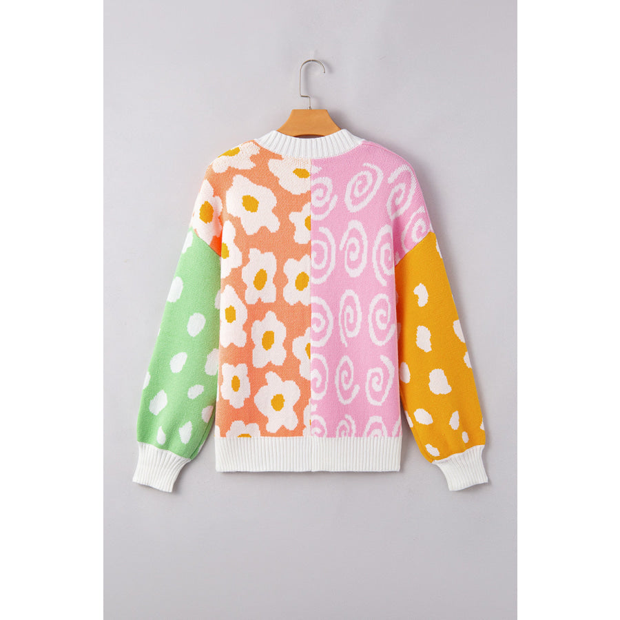 Flower & Dotted Mixed Open Front Cardigan Apparel and Accessories