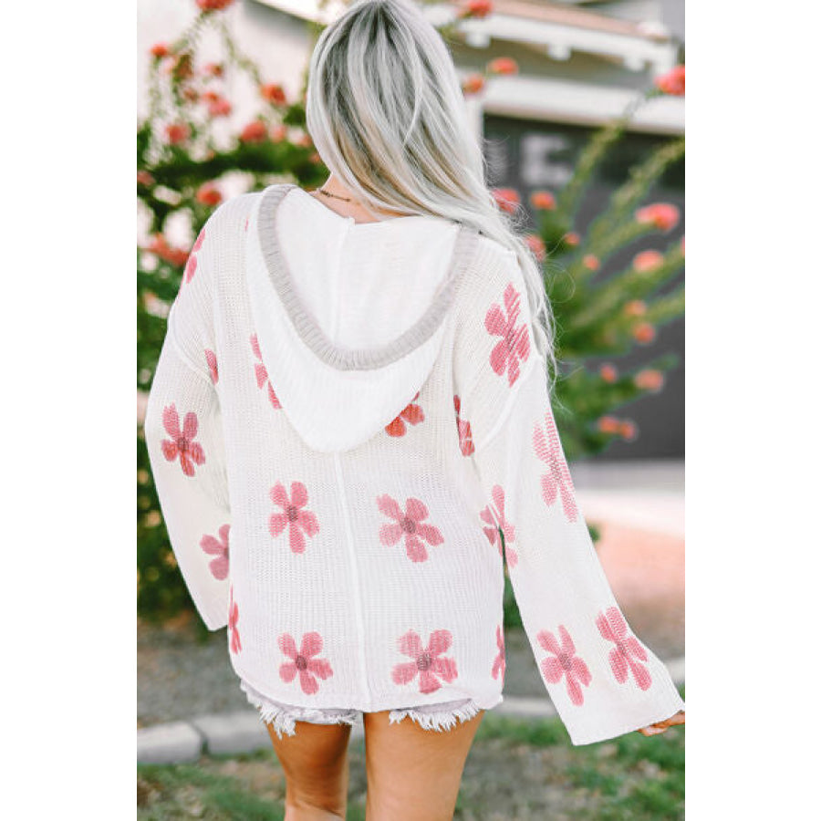 Flower Dropped Shoulder Hooded Sweater White / S Apparel and Accessories