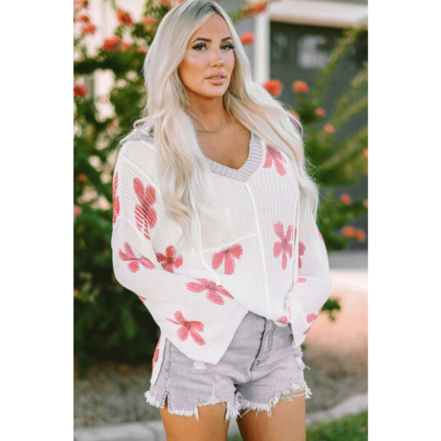 Flower Dropped Shoulder Hooded Sweater Apparel and Accessories