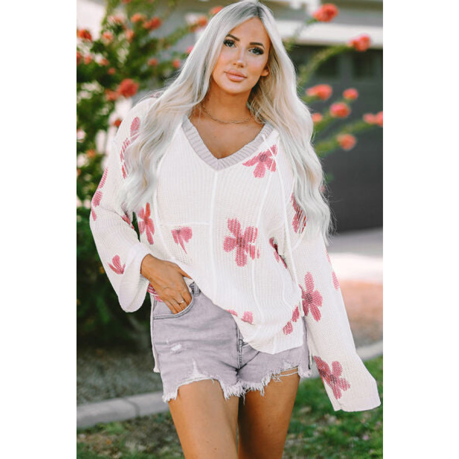 Flower Dropped Shoulder Hooded Sweater Apparel and Accessories