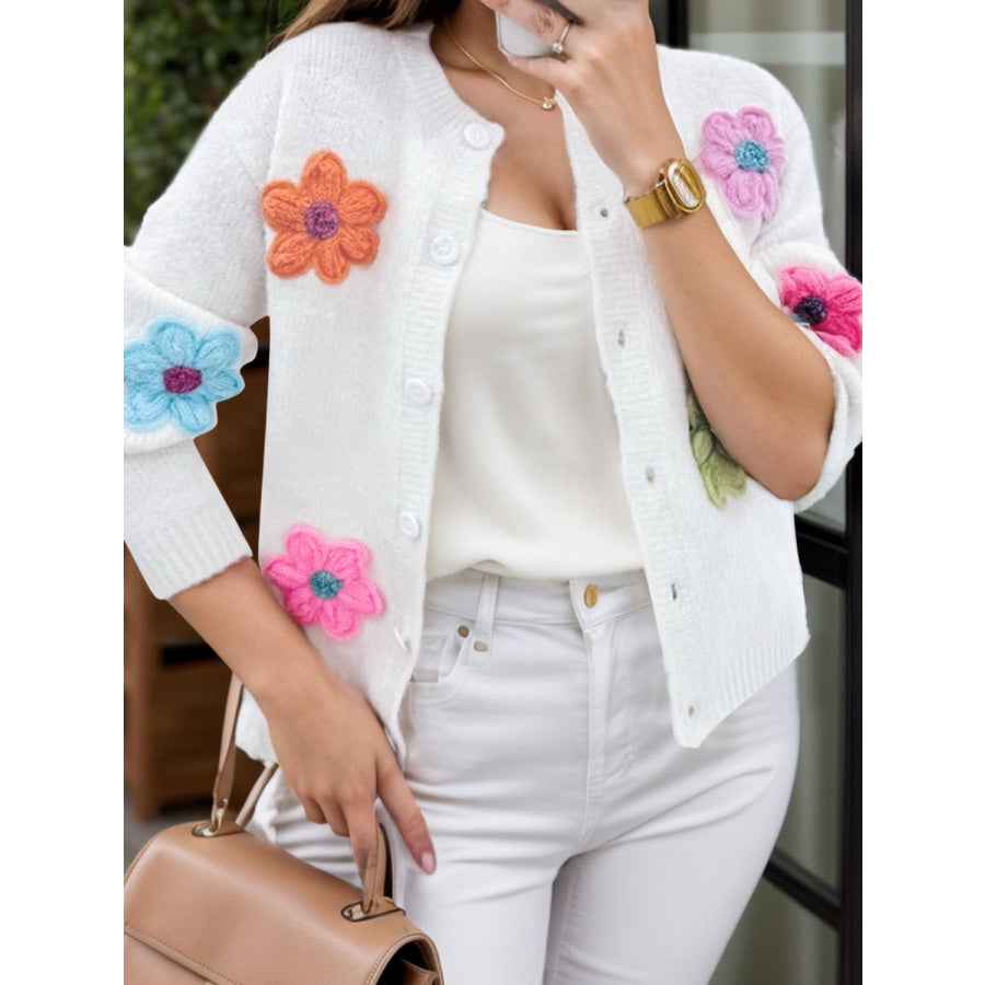 Flower Dropped Shoulder Long Sleeve Cardigan Apparel and Accessories