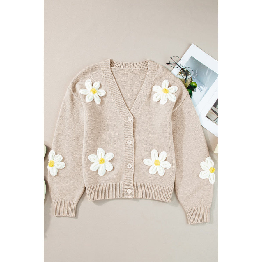 Flower Dropped Shoulder Long Sleeve Cardigan Apparel and Accessories