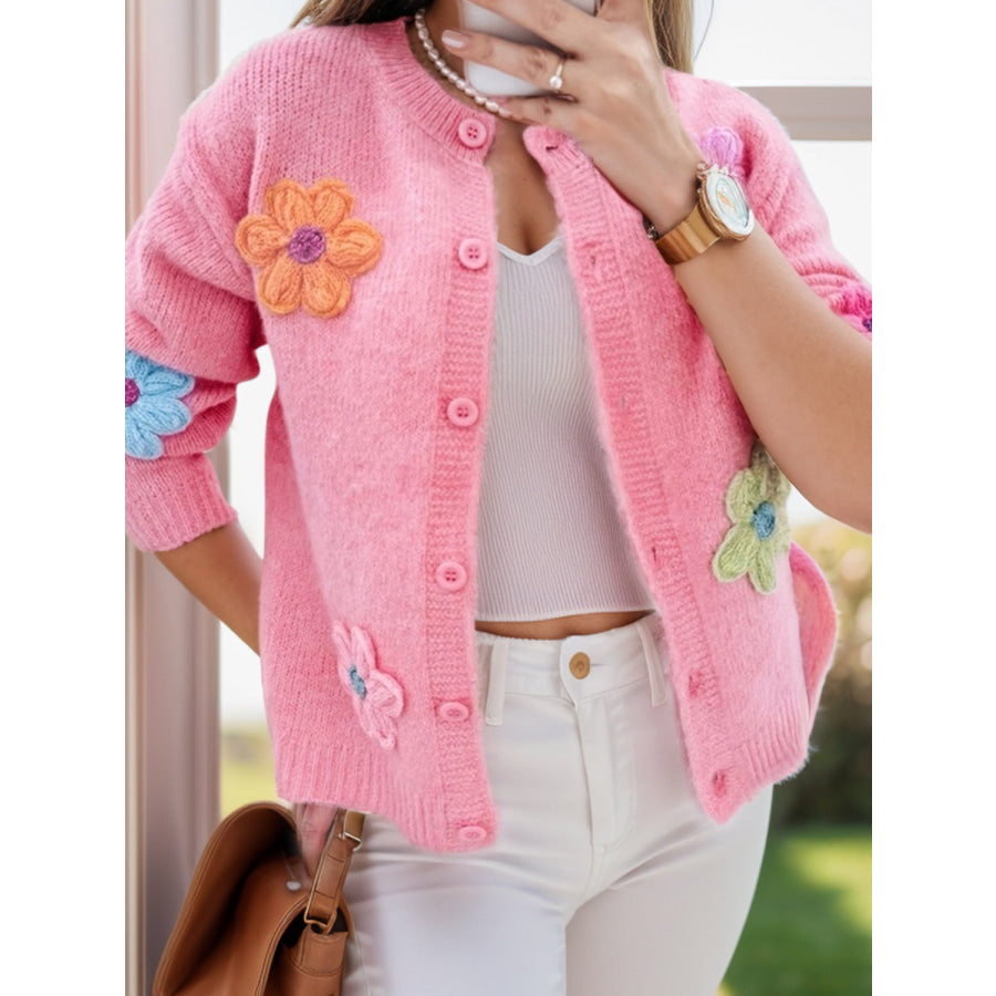 Flower Dropped Shoulder Long Sleeve Cardigan Apparel and Accessories