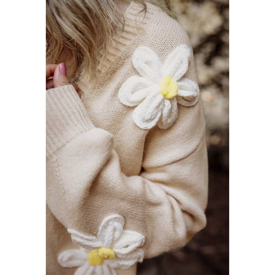 Flower Dropped Shoulder Long Sleeve Cardigan Apparel and Accessories