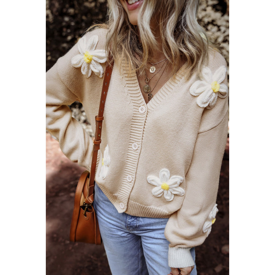 Flower Dropped Shoulder Long Sleeve Cardigan Apparel and Accessories