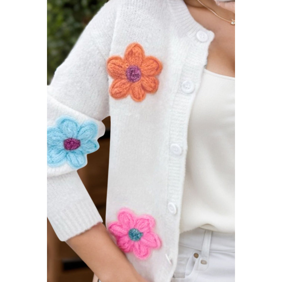 Flower Dropped Shoulder Long Sleeve Cardigan Apparel and Accessories