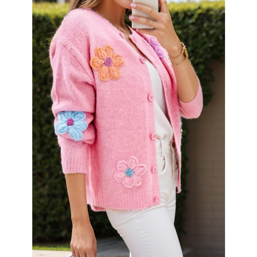 Flower Dropped Shoulder Long Sleeve Cardigan Apparel and Accessories