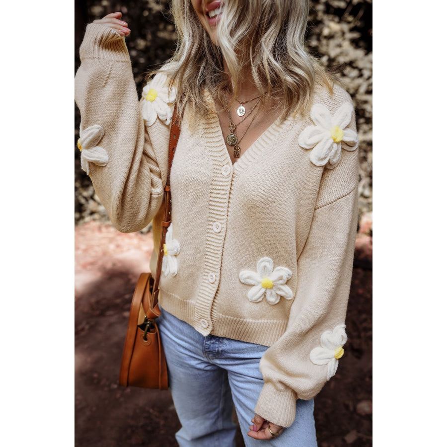 Flower Dropped Shoulder Long Sleeve Cardigan Apparel and Accessories