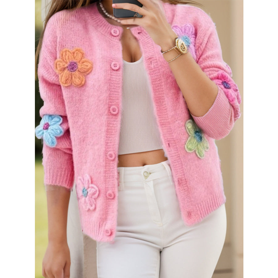 Flower Dropped Shoulder Long Sleeve Cardigan Blush Pink / S Apparel and Accessories