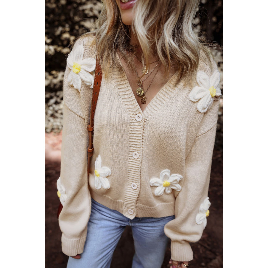 Flower Dropped Shoulder Long Sleeve Cardigan Eggshell / S Apparel and Accessories