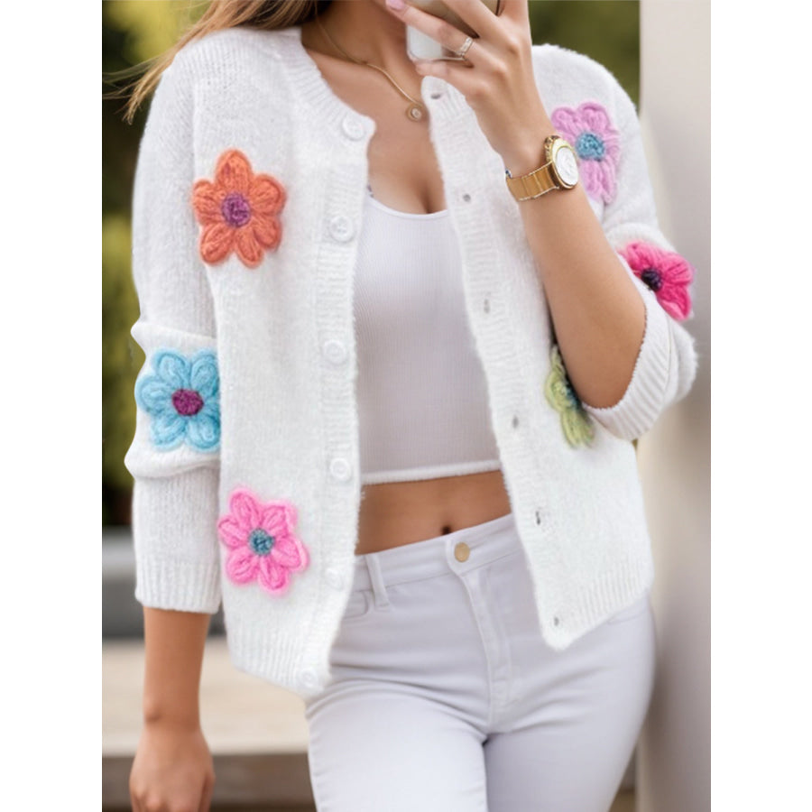 Flower Dropped Shoulder Long Sleeve Cardigan White / S Apparel and Accessories