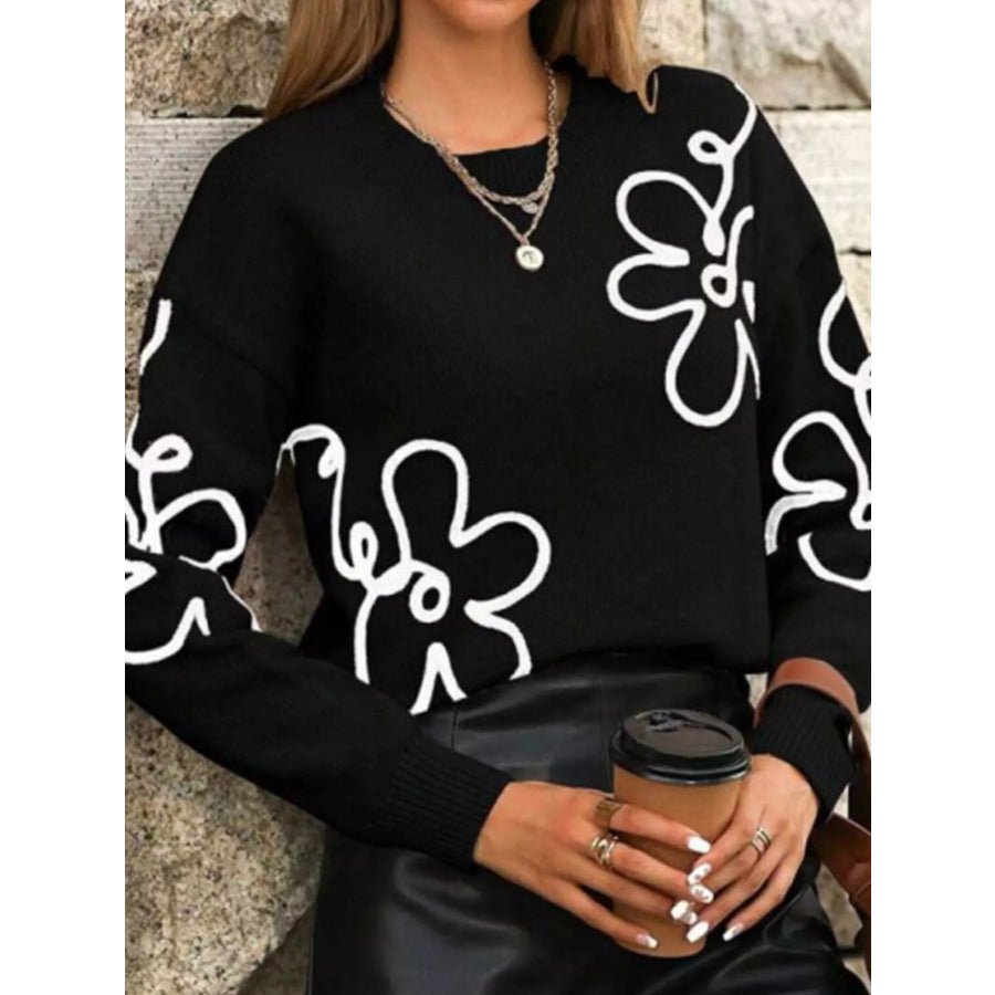 Flower Dropped Shoulder Sweater Apparel and Accessories