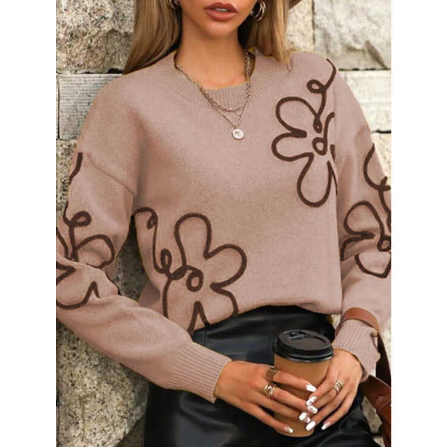 Flower Dropped Shoulder Sweater Apparel and Accessories