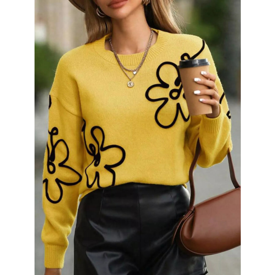 Flower Dropped Shoulder Sweater Apparel and Accessories
