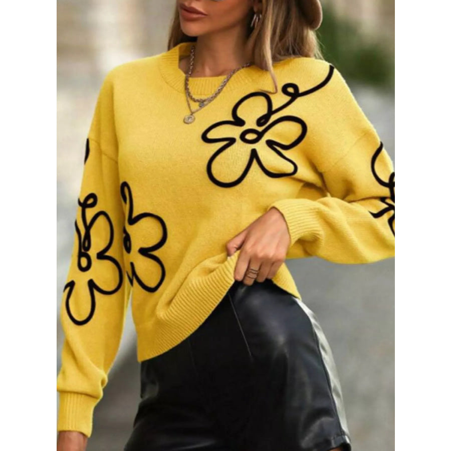 Flower Dropped Shoulder Sweater Apparel and Accessories