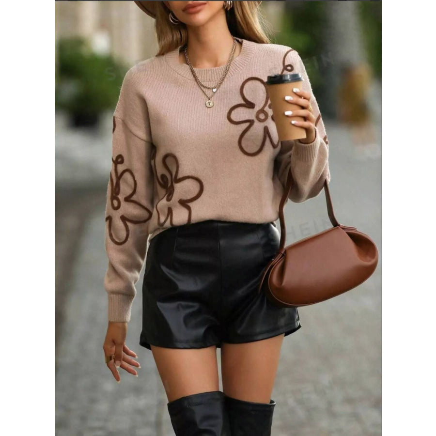Flower Dropped Shoulder Sweater Dust Storm / S Apparel and Accessories
