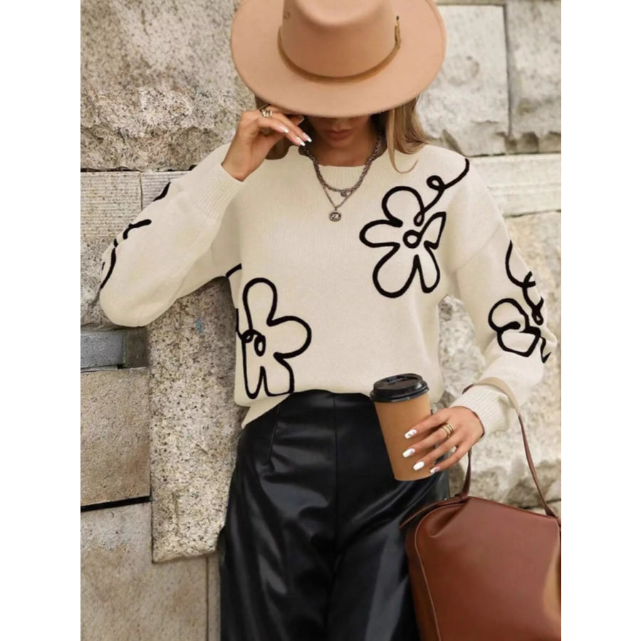 Flower Dropped Shoulder Sweater Apparel and Accessories