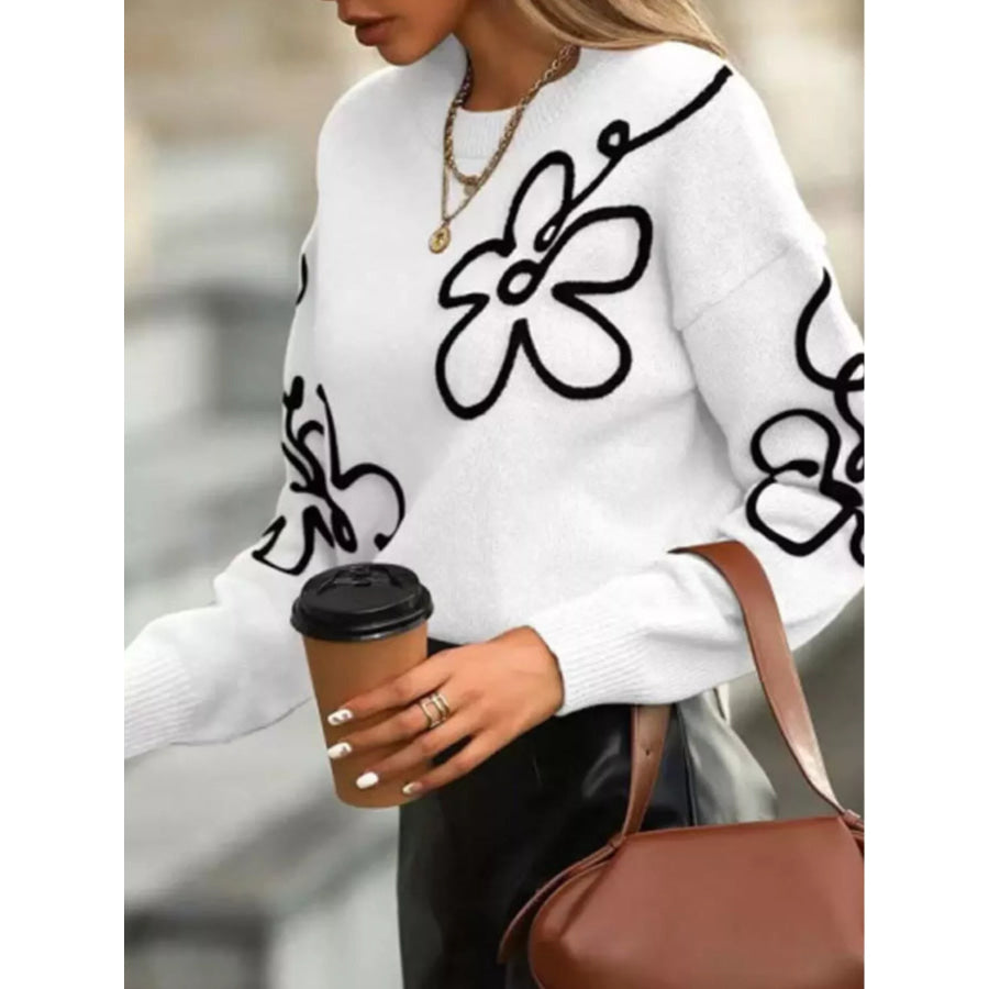 Flower Dropped Shoulder Sweater Apparel and Accessories