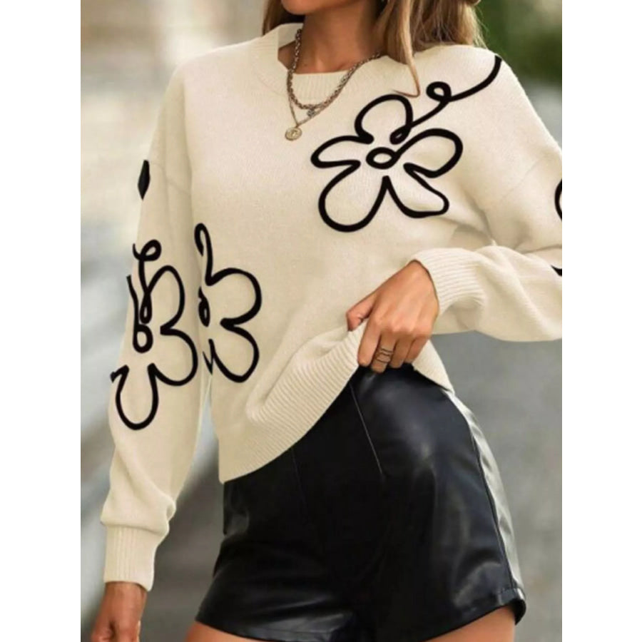 Flower Dropped Shoulder Sweater Apricot / S Apparel and Accessories