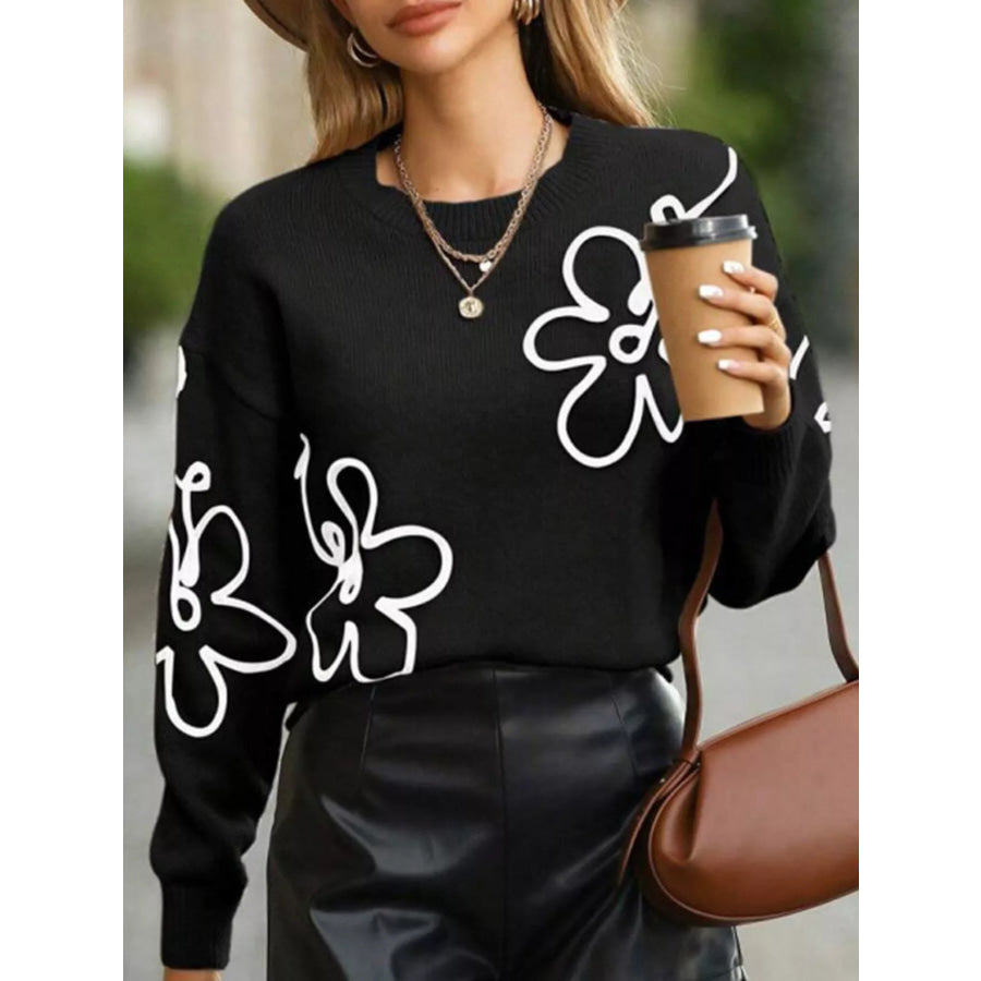 Flower Dropped Shoulder Sweater Black / S Apparel and Accessories